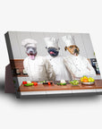 Personalized standing canvas featuring three pets as chefs in a kitchen, with a sturdy back stand.