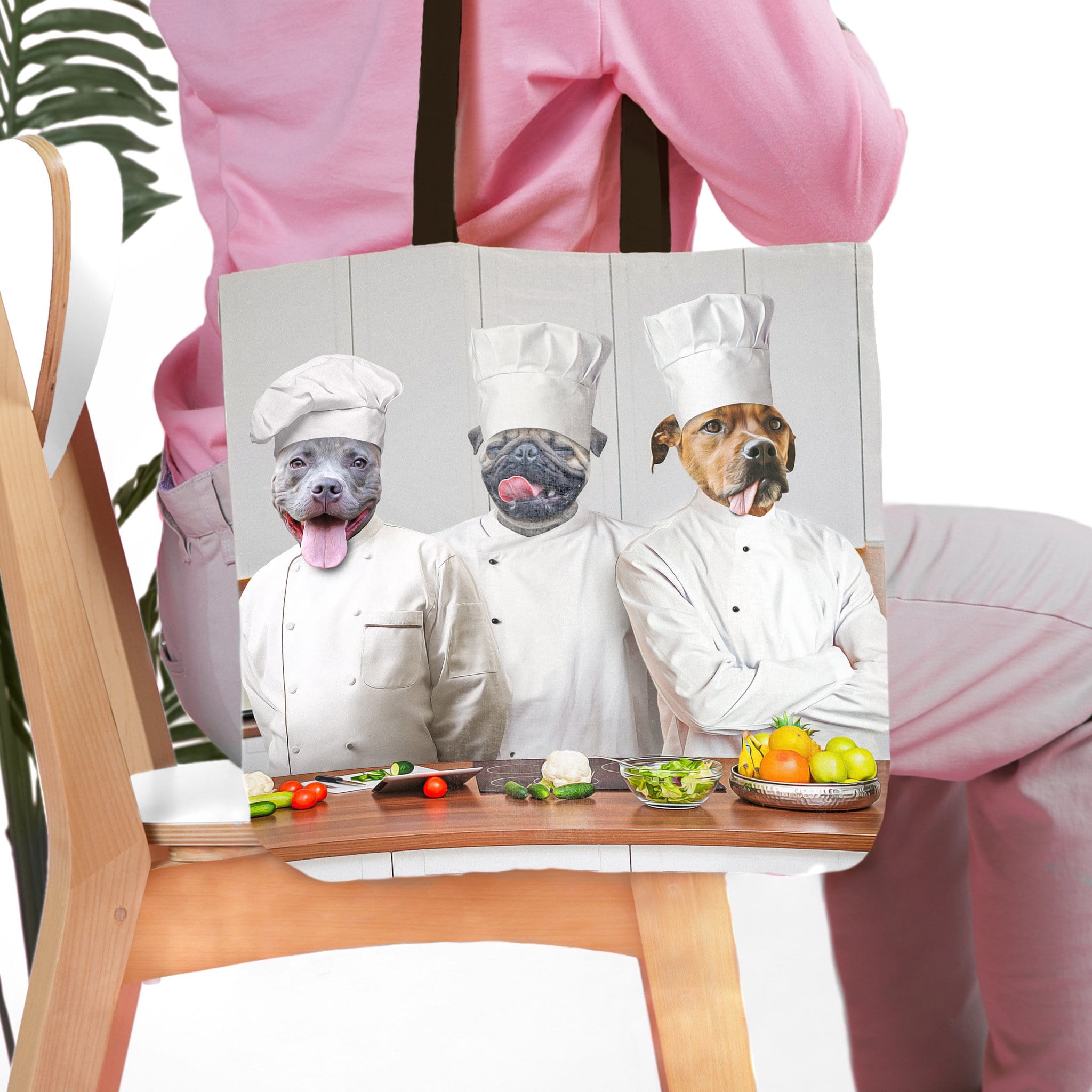 Personalized 'The Chefs' 3-pet portrait tote bag featuring a dog, pug, and pitbull in chef outfits.