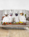 Personalized pet blanket featuring four dogs dressed as chefs preparing food.
