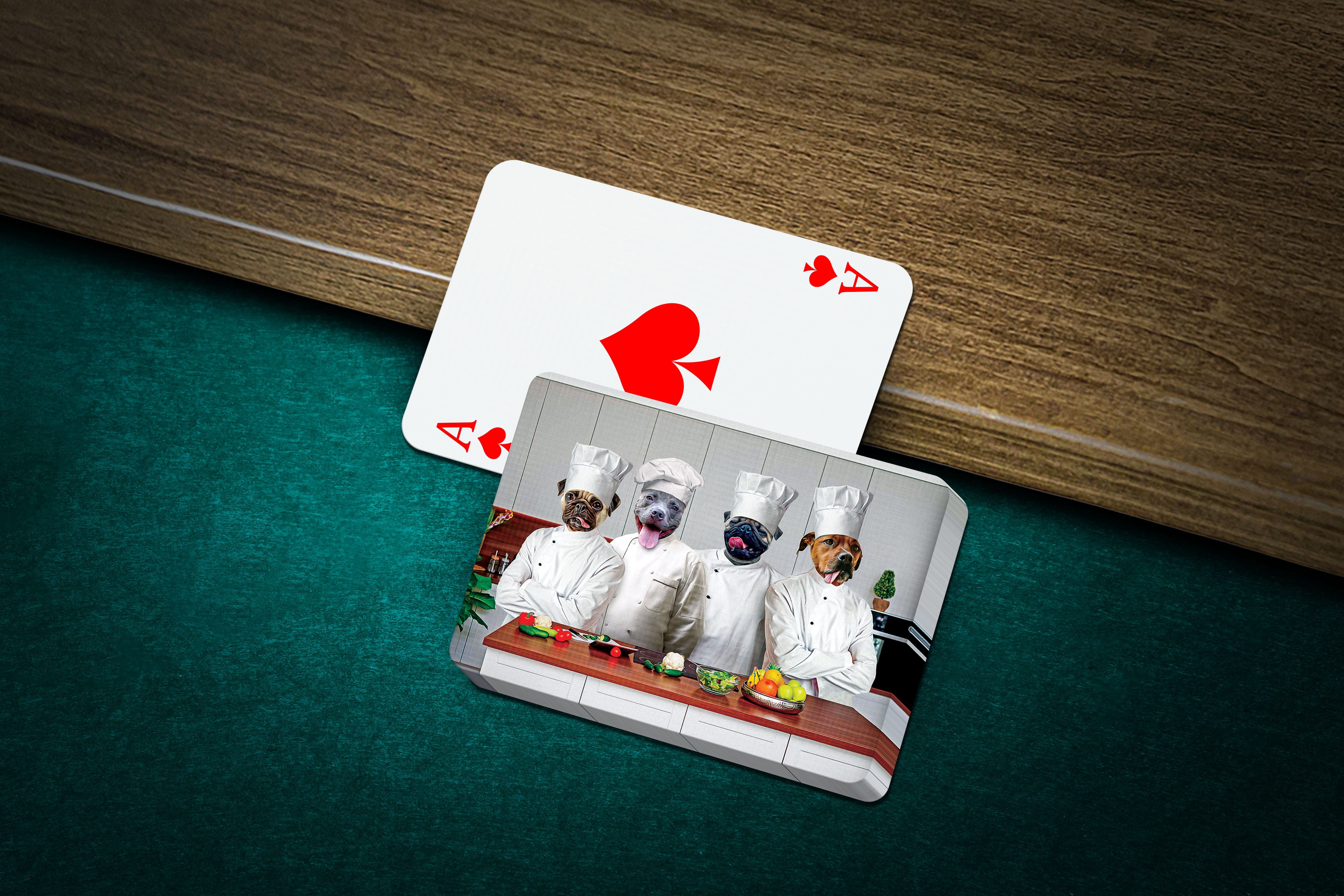 Personalized playing cards featuring four custom pet portraits as chefs on a green felt table.
