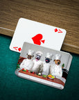 Personalized playing cards featuring four custom pet portraits as chefs on a green felt table.