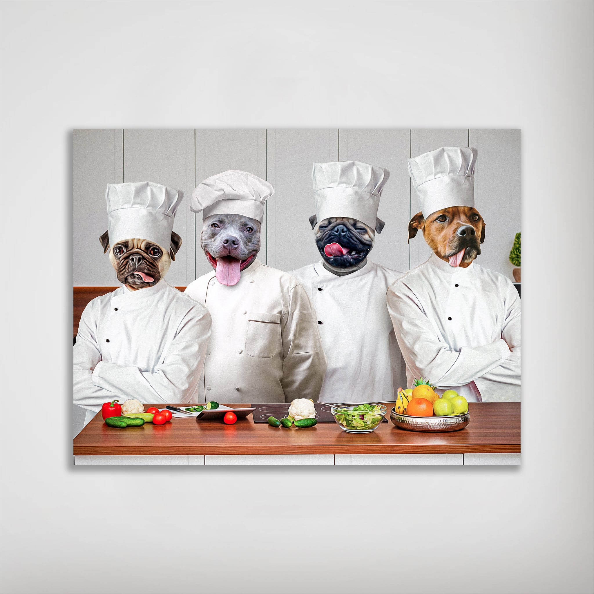 Personalized 'Chefs' pet poster featuring four dogs in chef hats and coats, preparing food on a wooden counter.