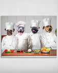 Personalized 'Chefs' pet poster featuring four dogs in chef hats and coats, preparing food on a wooden counter.