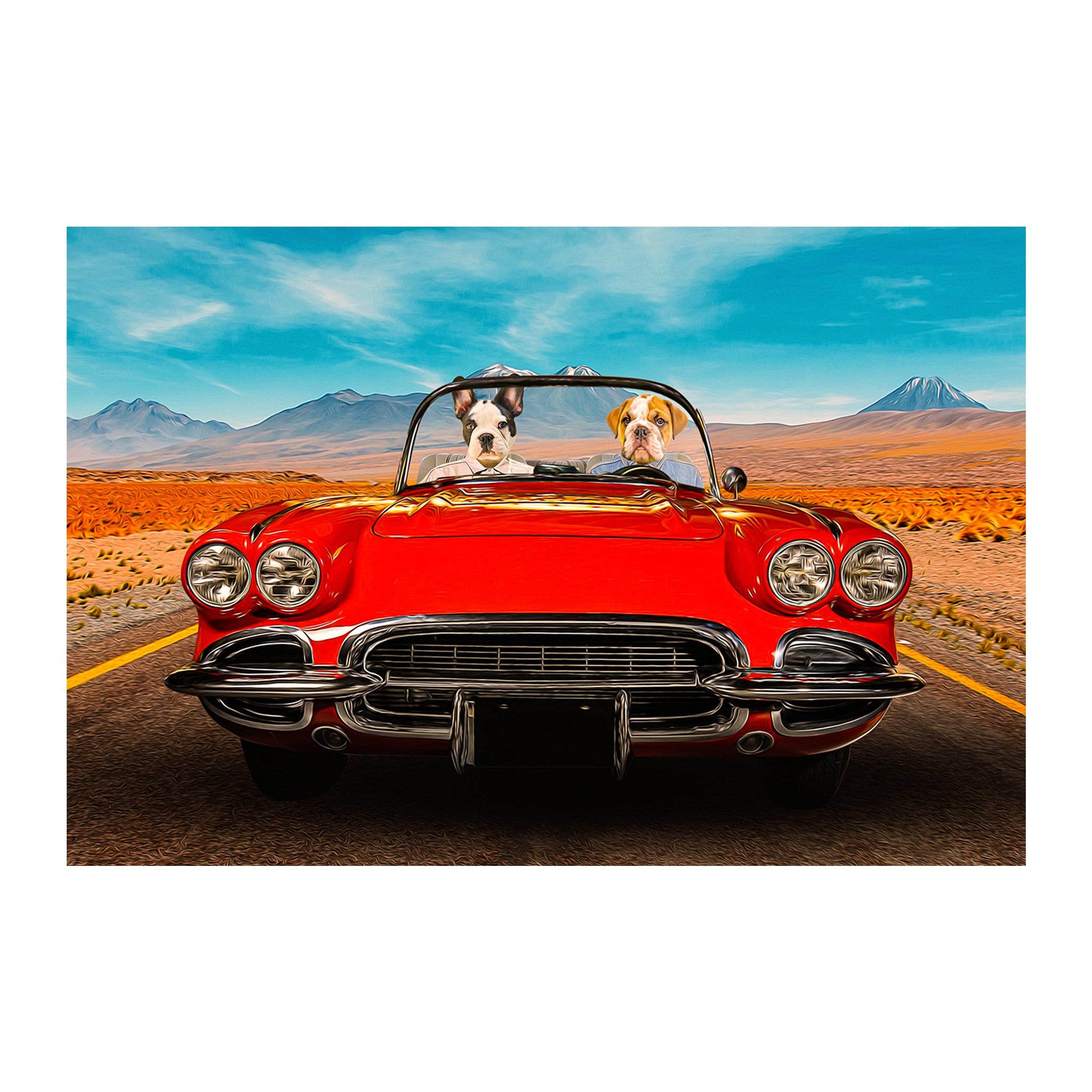 Custom digital portrait of two pets in a red vintage convertible on a desert road.