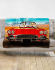 Personalized pet blanket with two dogs in a red classic car on a desert road.