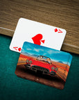 Personalized playing cards featuring two dogs in a red classic car, next to an Ace of Spades.