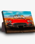 Personalized standing canvas featuring two pets in a red classic car on a desert road.