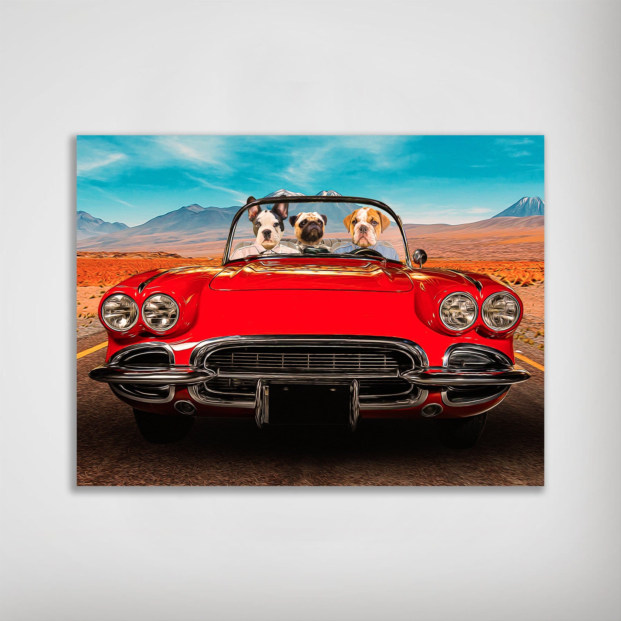 Personalized 'Classic Paw-Vette' poster featuring three pets in a red vintage convertible.