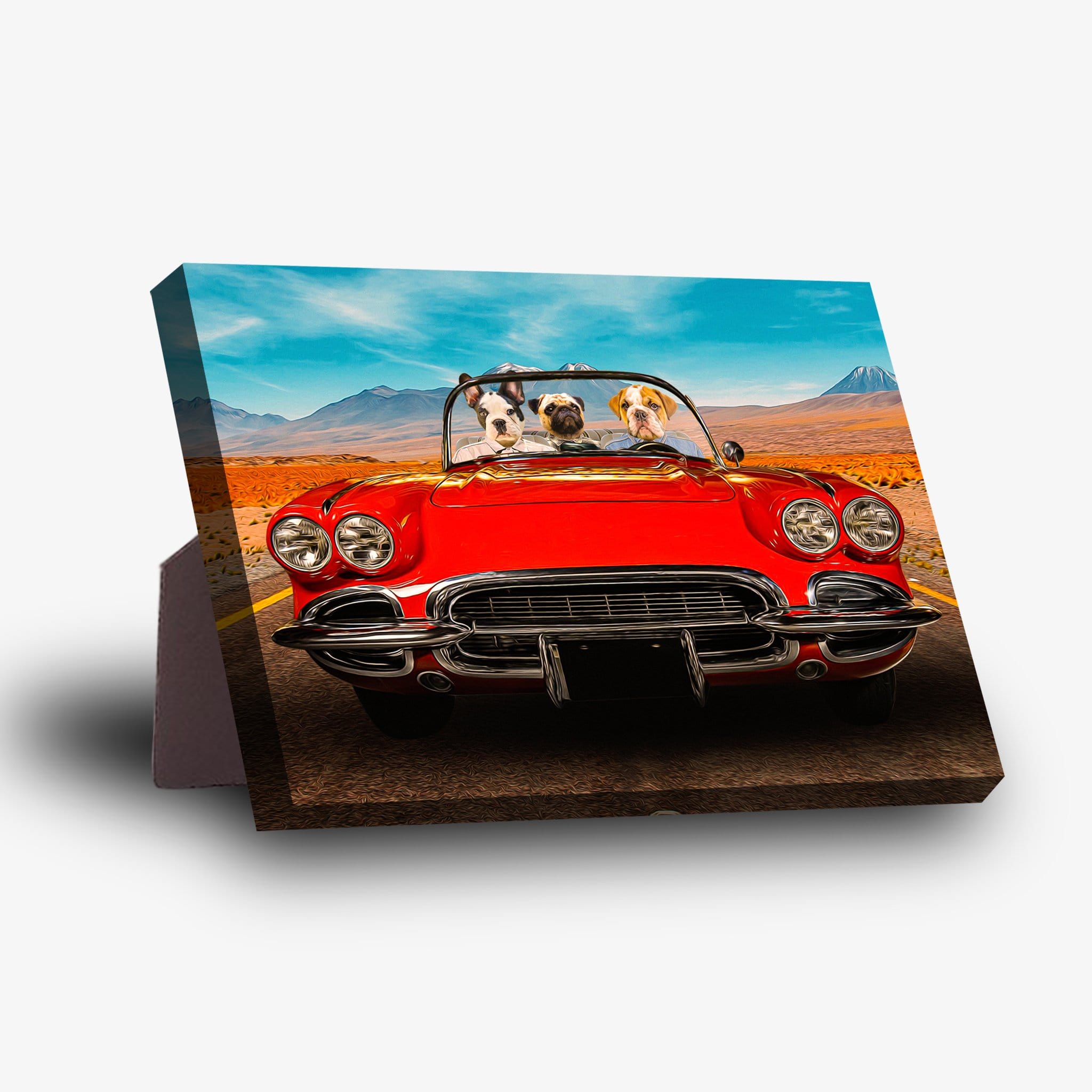 Personalized 'Classic Paw-Vette' standing canvas featuring three pets in a red vintage car with a desert road background.