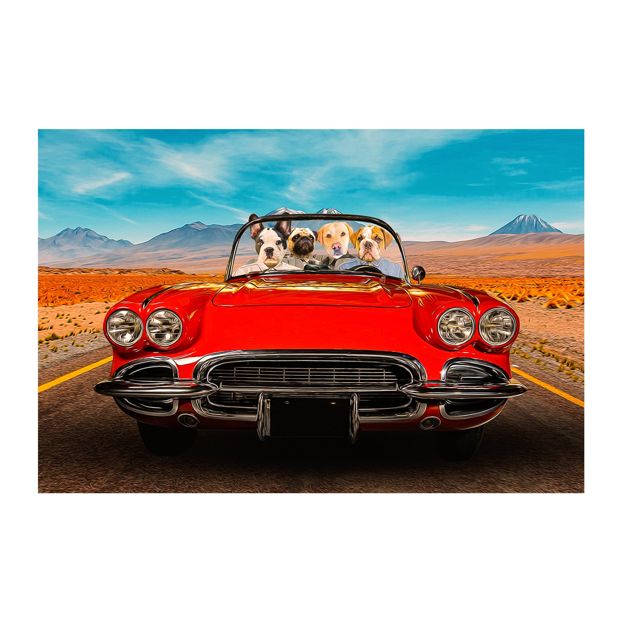 Custom digital portrait of four pets in a red vintage car with a desert and mountain background.