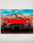 Personalized 'Classic Paw-Vette' poster featuring four pets in a red vintage car, desert landscape.