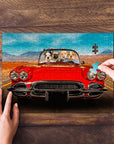 Personalized puzzle featuring four pets in a red classic car, with a hand placing the last piece.
