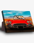 Personalized standing canvas featuring 4 pets in a red classic car on a desert road.