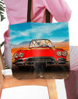Personalized pet portrait tote bag featuring four dogs in a red classic car, desert landscape background.