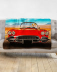 Personalized pet blanket with a Doggovinci portrait of a dog driving a red vintage car.