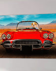 Personalized pet canvas featuring a bulldog driving a red vintage convertible on a desert road.