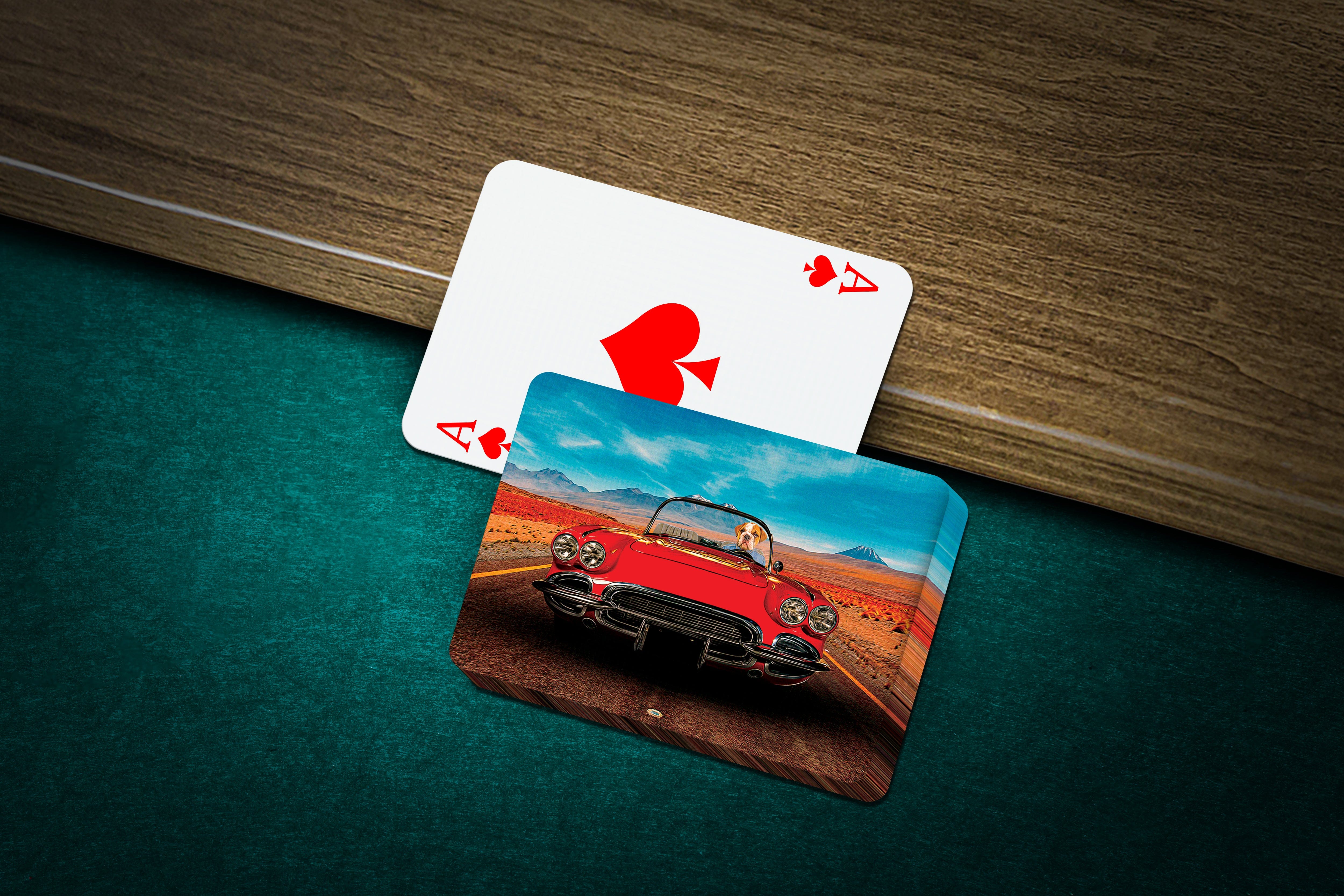 Personalized pet playing cards featuring a dog in a red classic car on a desert road.