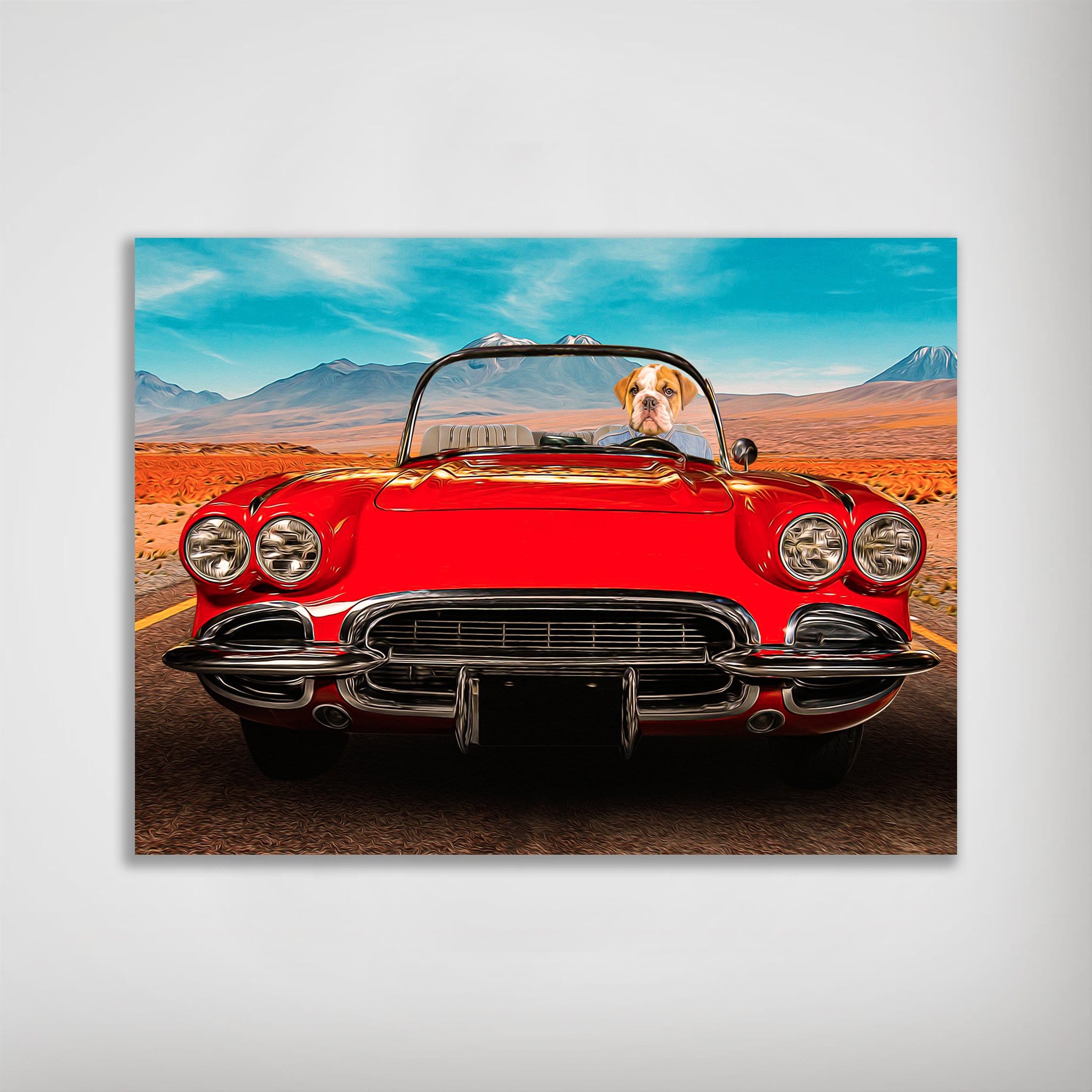 Personalized 'Classic Paw-Vette' poster featuring a bulldog driving a red vintage car in a desert landscape.