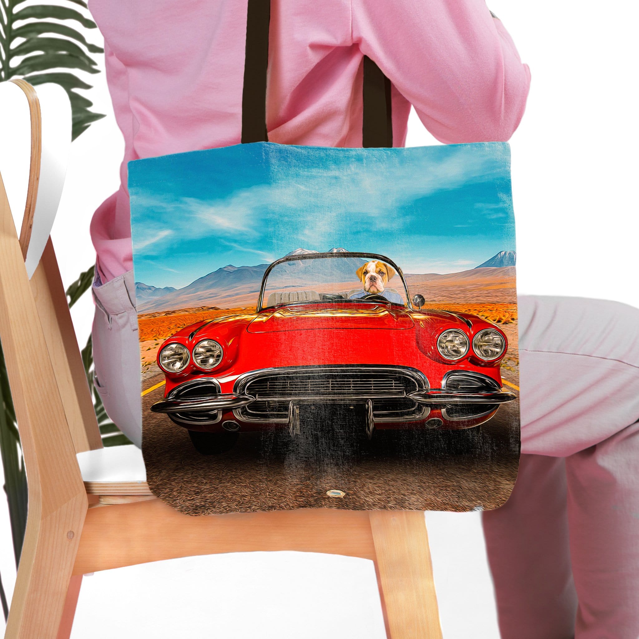 Personalized tote bag with a dog driving a red vintage car portrait.