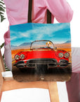 Personalized tote bag with a dog driving a red vintage car portrait.