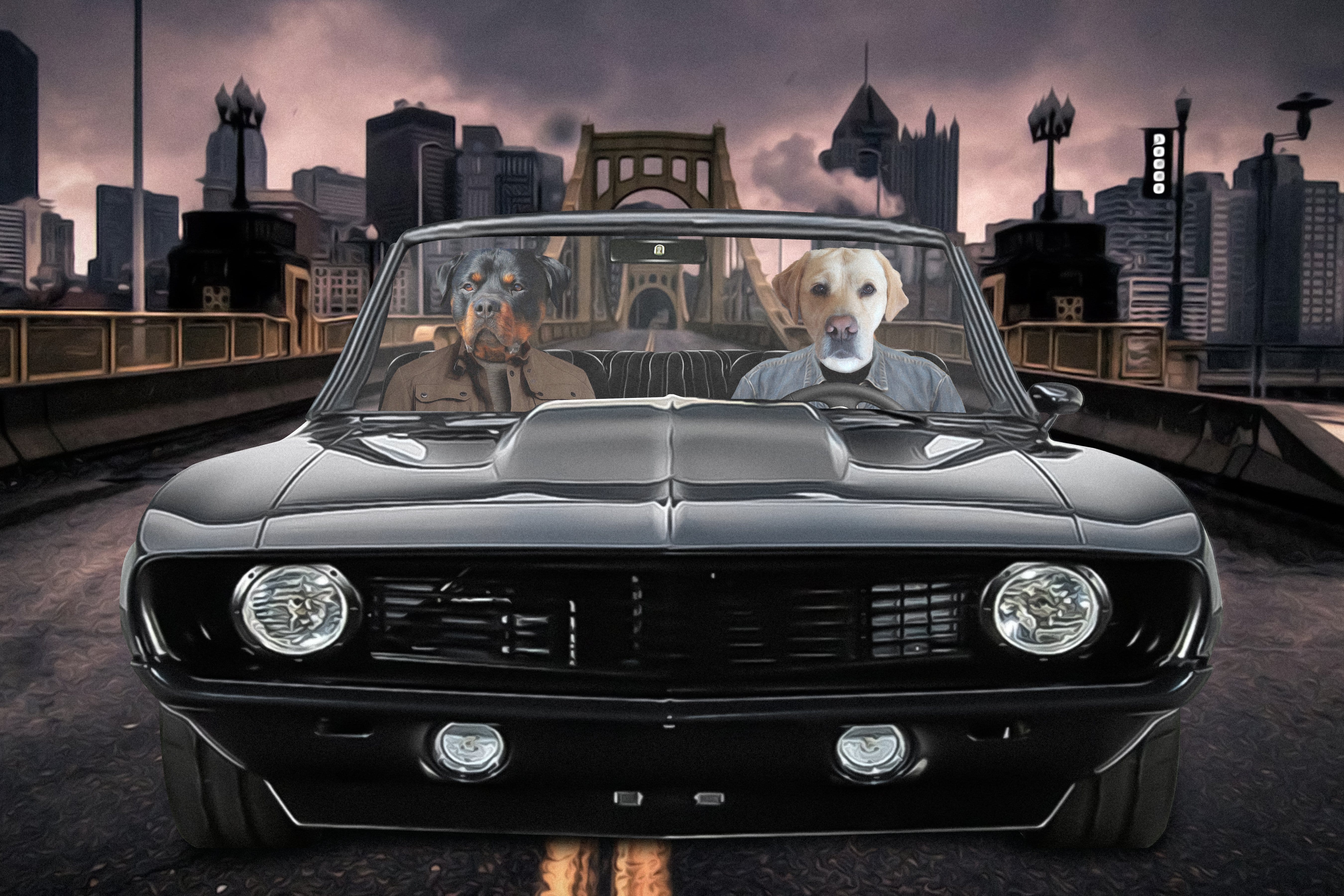 Custom digital portrait of two pets, a Rottweiler and a Labrador, driving a classic black car.