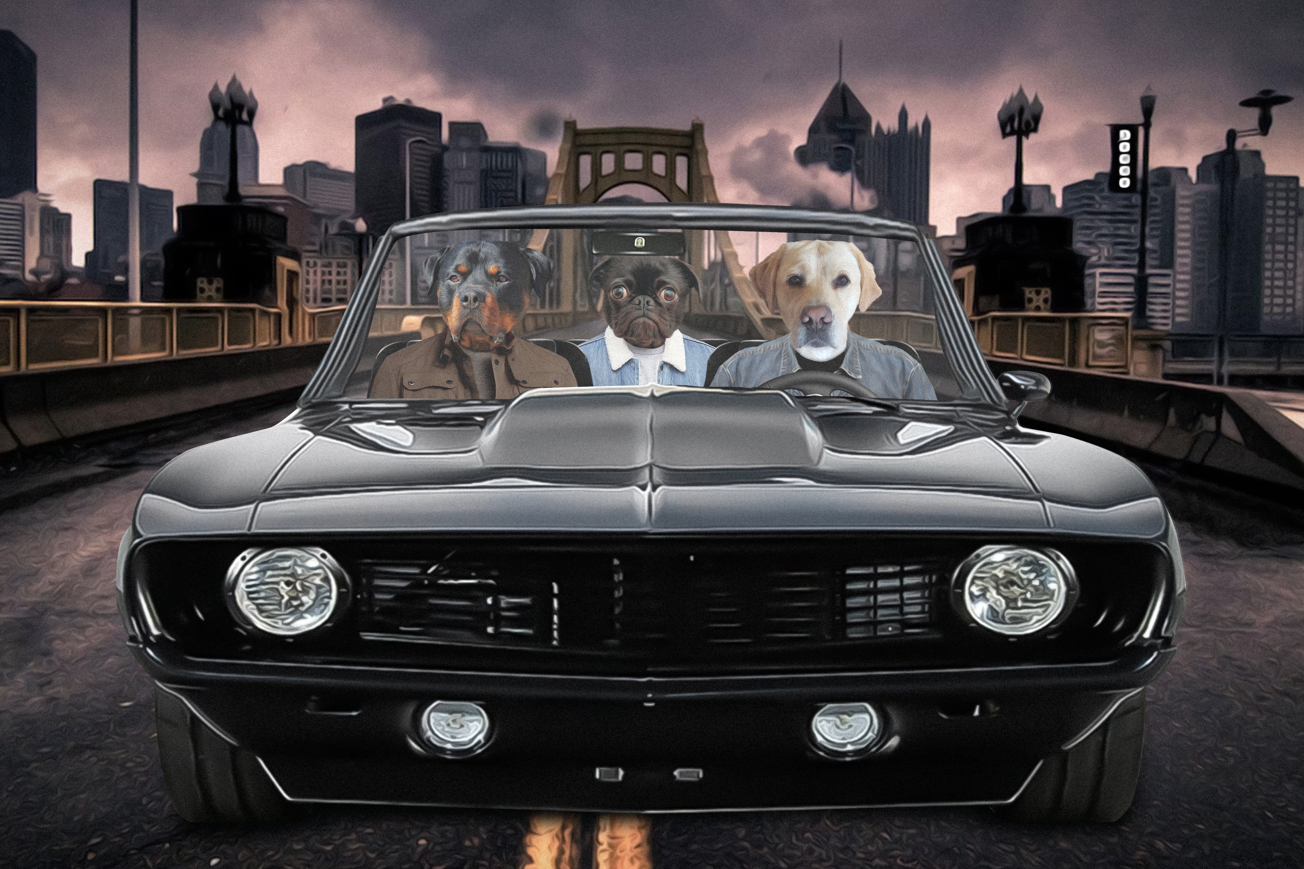 Custom digital portrait of three pets (Rottweiler, Pug, Labrador) in a classic black car with a city skyline.