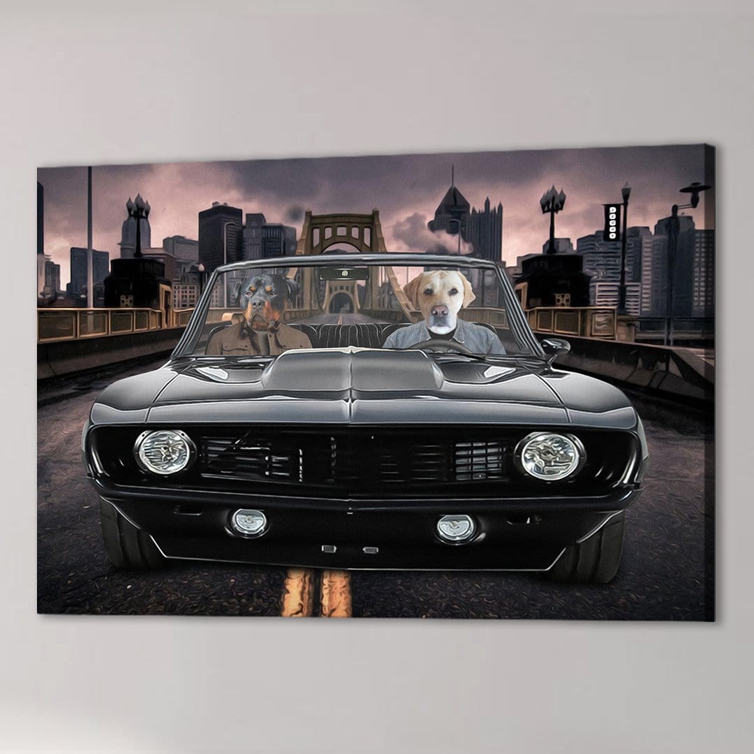 Personalized 'The Classic Pawmaro' canvas featuring two pets in a black vintage car with a city skyline.