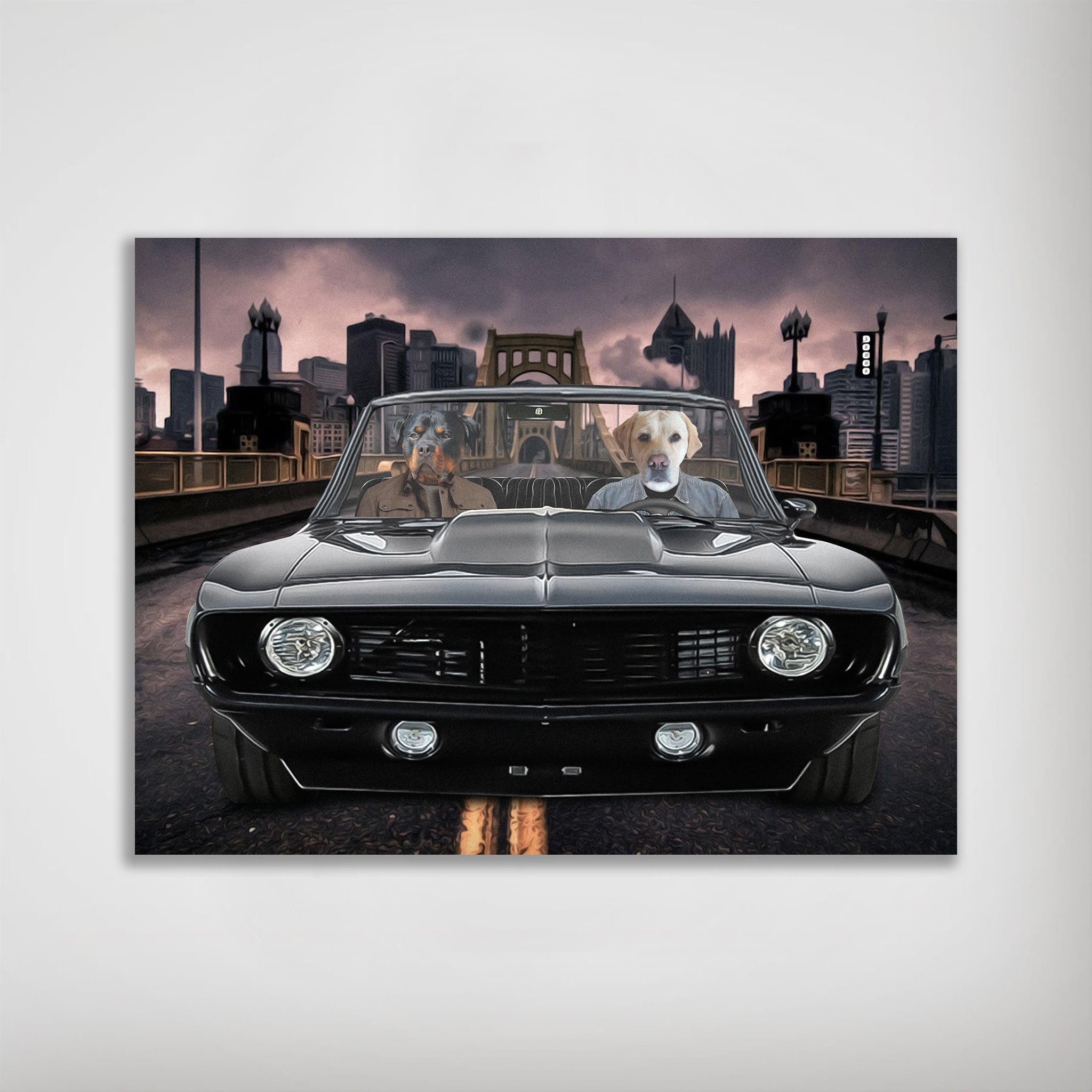 Personalized 'Classic Pawmaro' poster featuring two pets in a black vintage car with a city skyline.