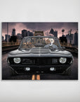 Personalized 'Classic Pawmaro' poster featuring two pets in a black vintage car with a city skyline.