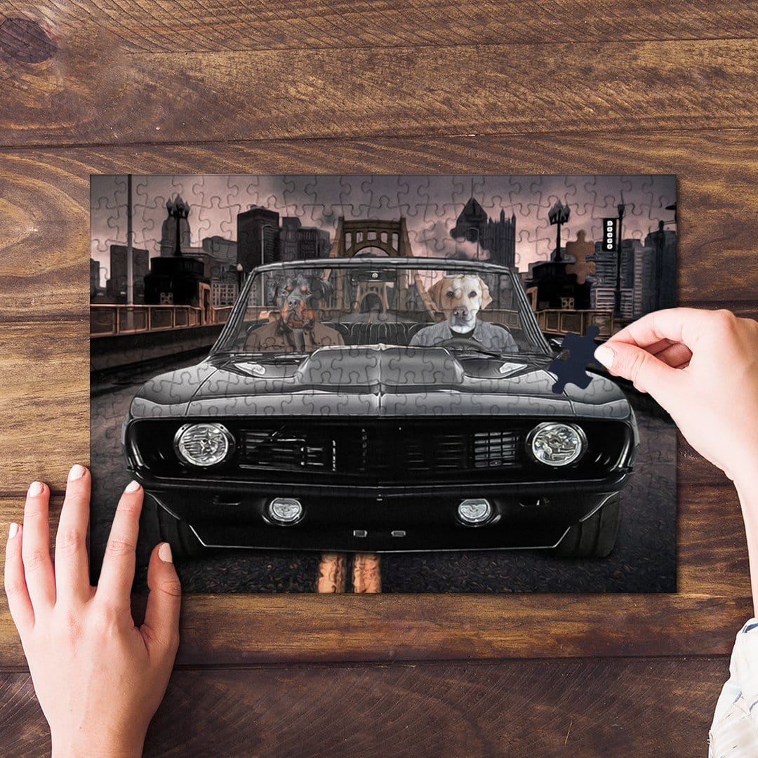 Personalized 2-pet puzzle featuring dogs in a black classic car, cityscape background.