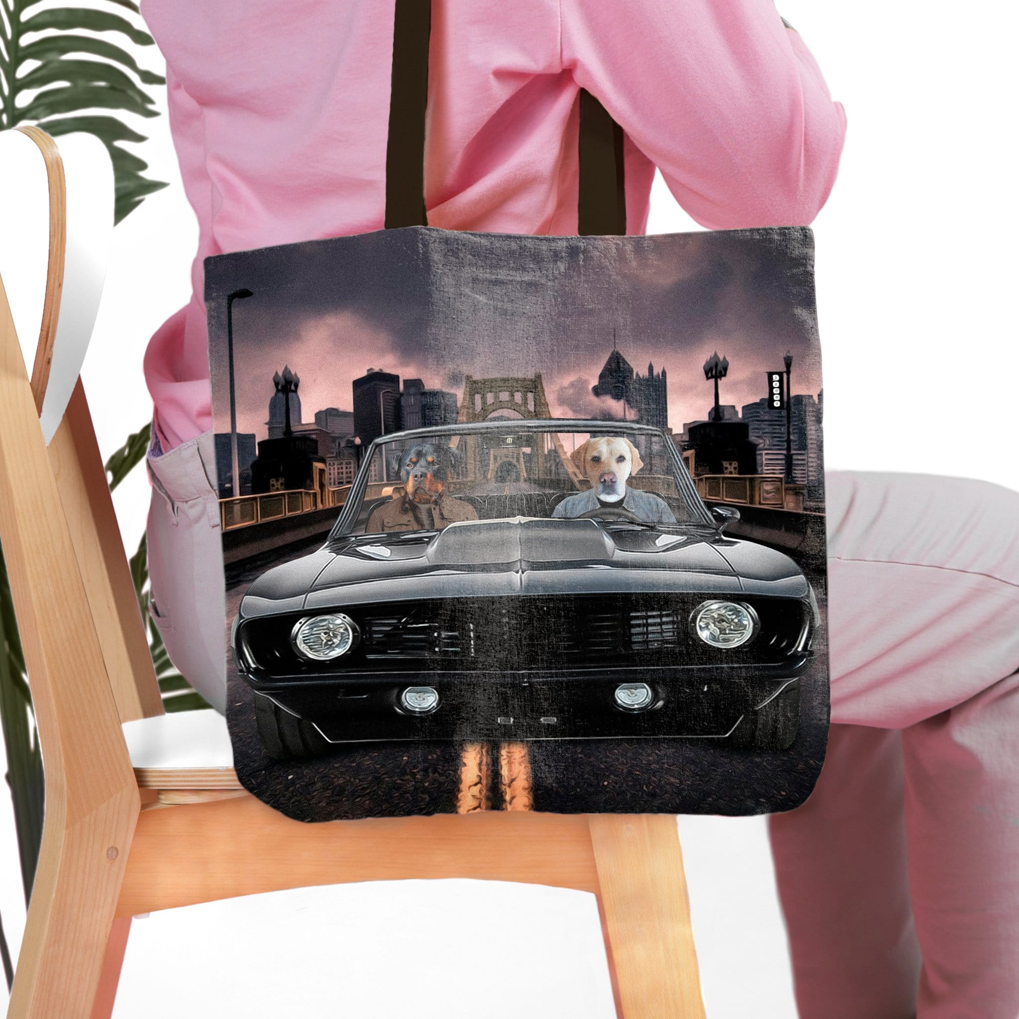 Personalized 'Classic Pawmaro' tote bag with two custom dog portraits driving a vintage car.