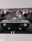 Personalized canvas: three pets in a black vintage convertible with a city skyline at dusk.