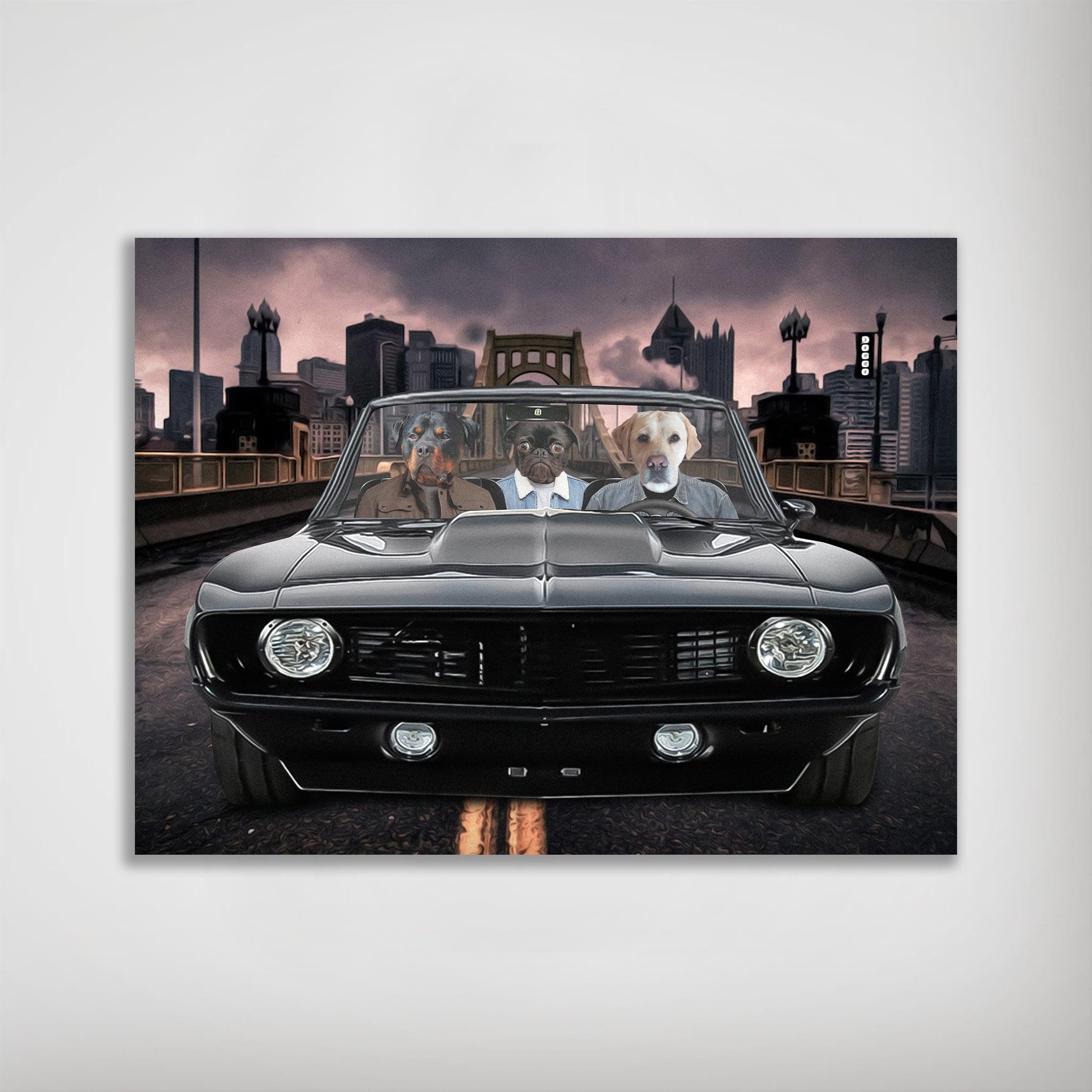 Personalized 'Classic Pawmaro' poster featuring three pets in a black vintage car with a city skyline background.