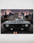 Personalized 'Classic Pawmaro' poster featuring three pets in a black vintage car with a city skyline background.