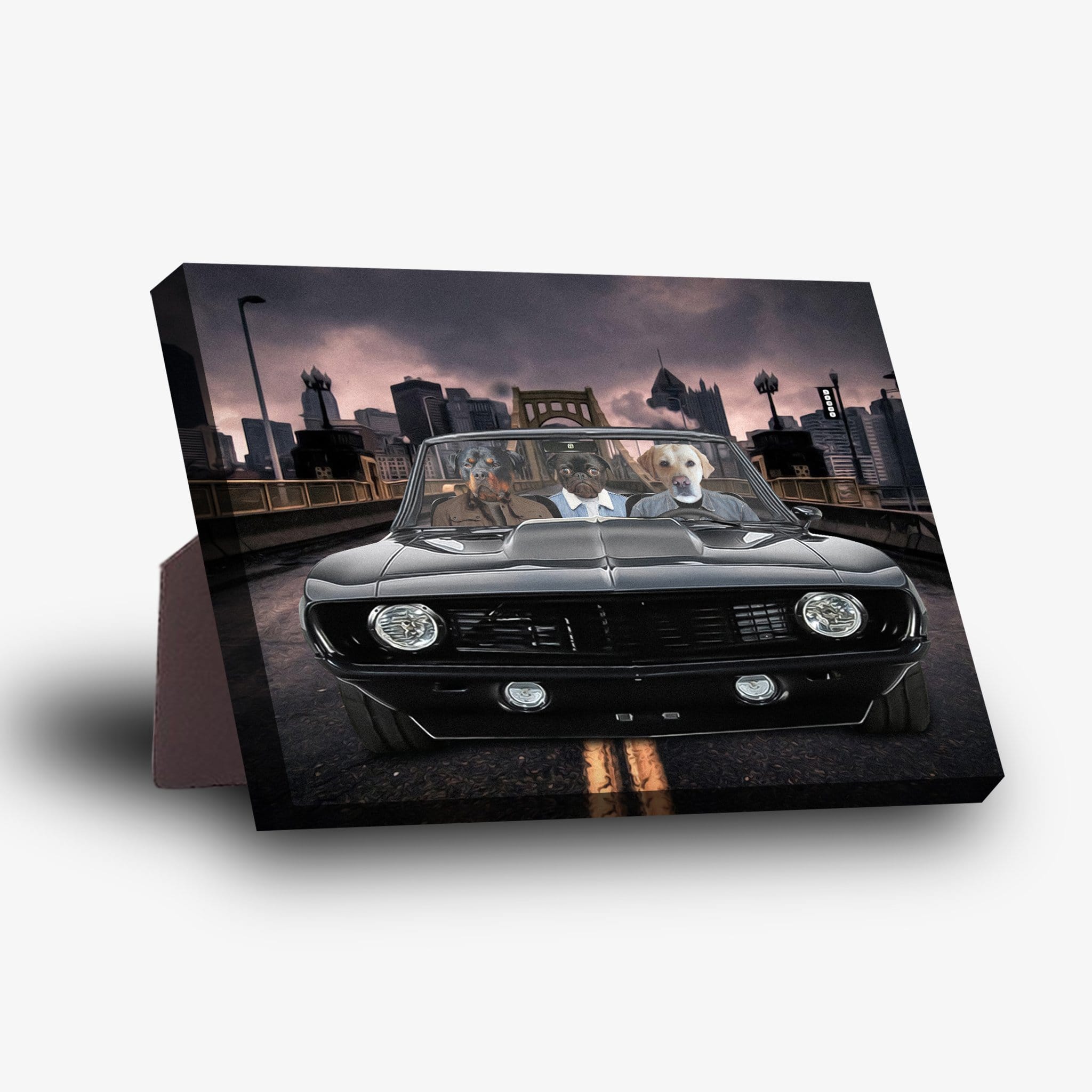 Personalized 'Classic Pawmaro' standing canvas with 3 pets in a black vintage car, city skyline background.