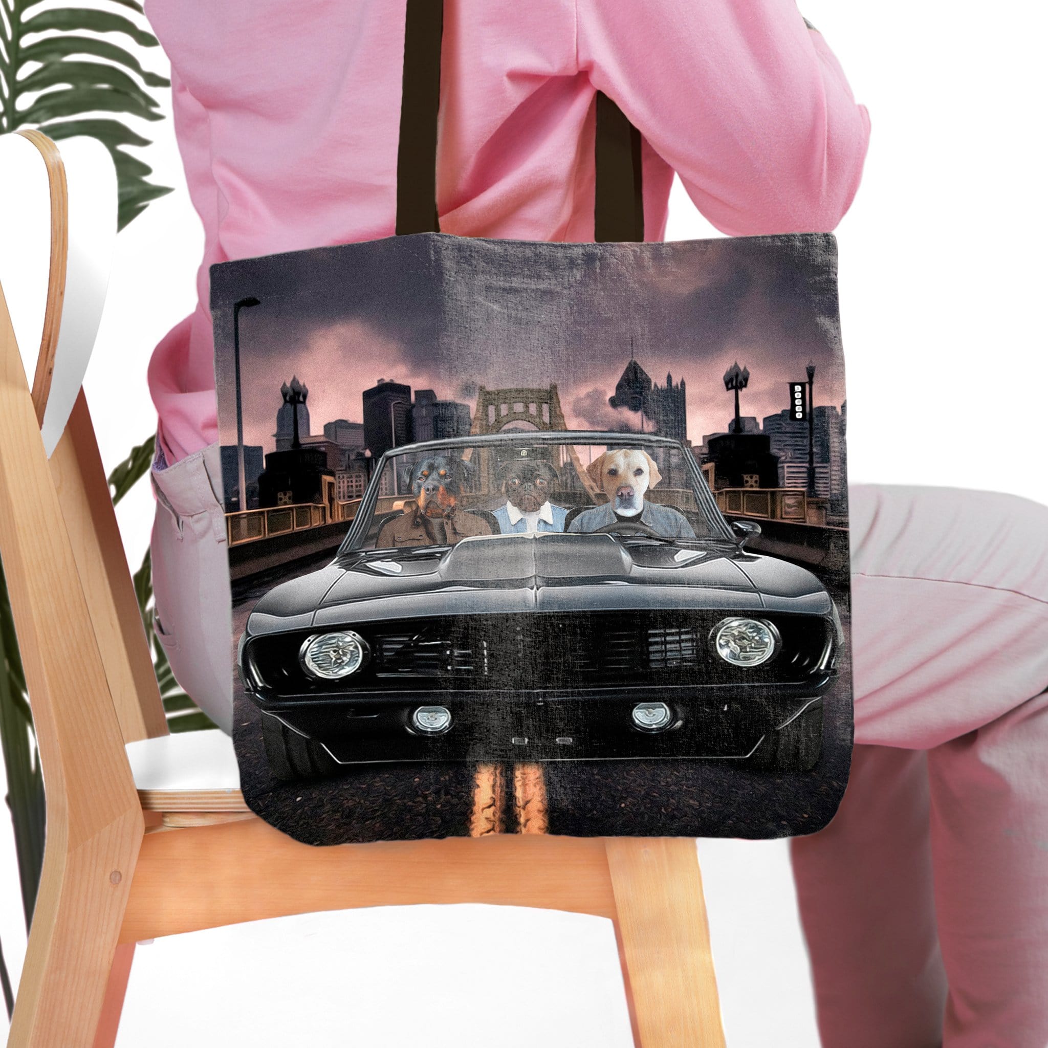 Personalized 3 pet tote bag featuring dogs in a classic car with a city skyline.