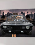 Personalized 'Classic Pawmaro' canvas featuring four pets in a black vintage car with a city skyline.