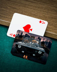 Personalized playing cards featuring 4 pets in a classic car, with an Ace of Spades card behind.