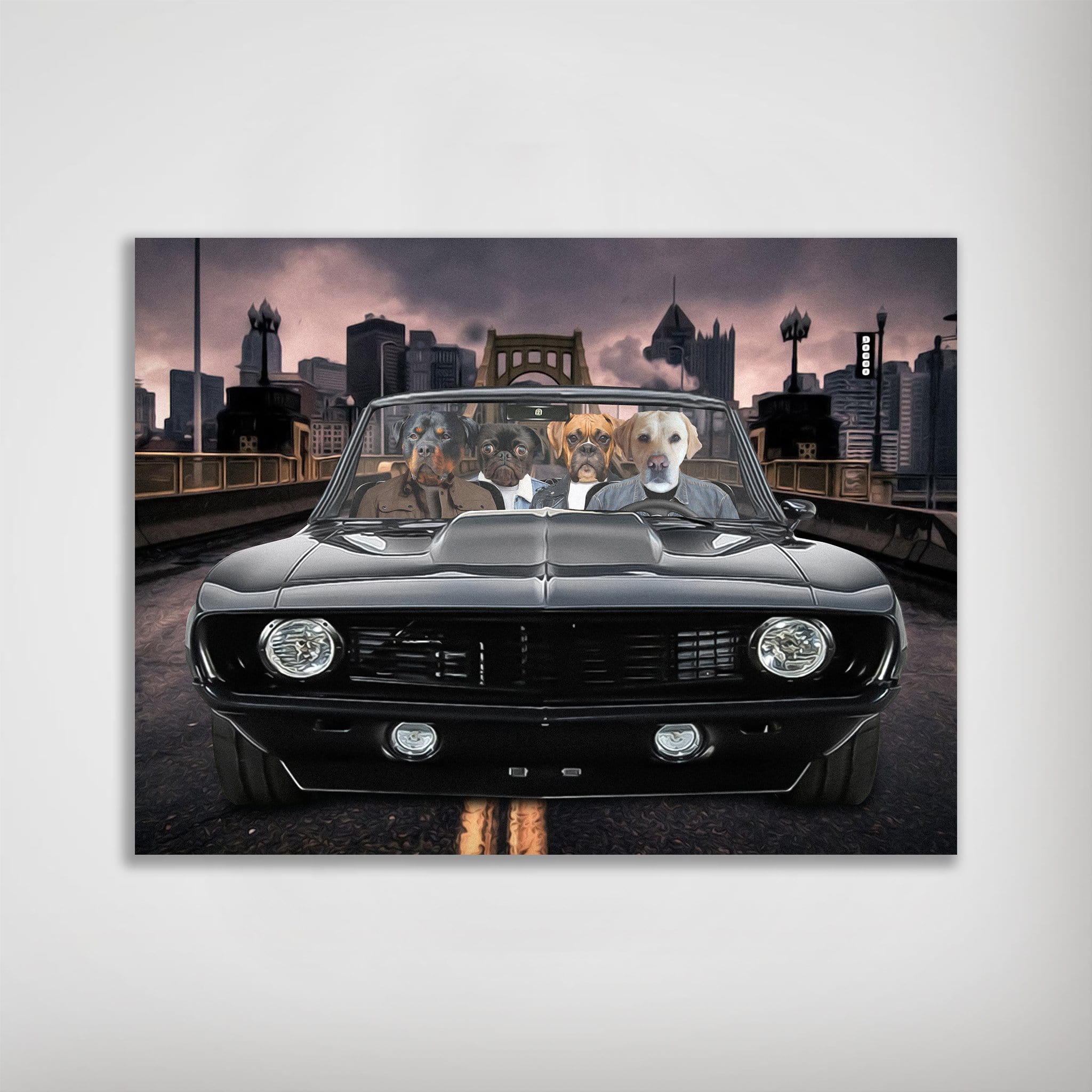 Personalized 'Classic Pawmaro' poster featuring four pets in a black vintage car with a city skyline.