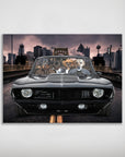 Personalized 'Classic Pawmaro' poster featuring four pets in a black vintage car with a city skyline.