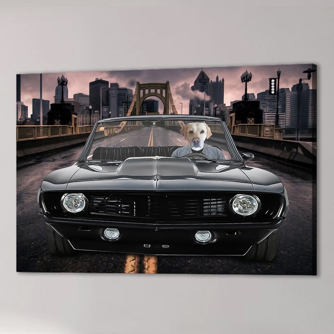 Personalized 'Classic Pawmaro' canvas featuring a yellow lab driving a black vintage car on a bridge.