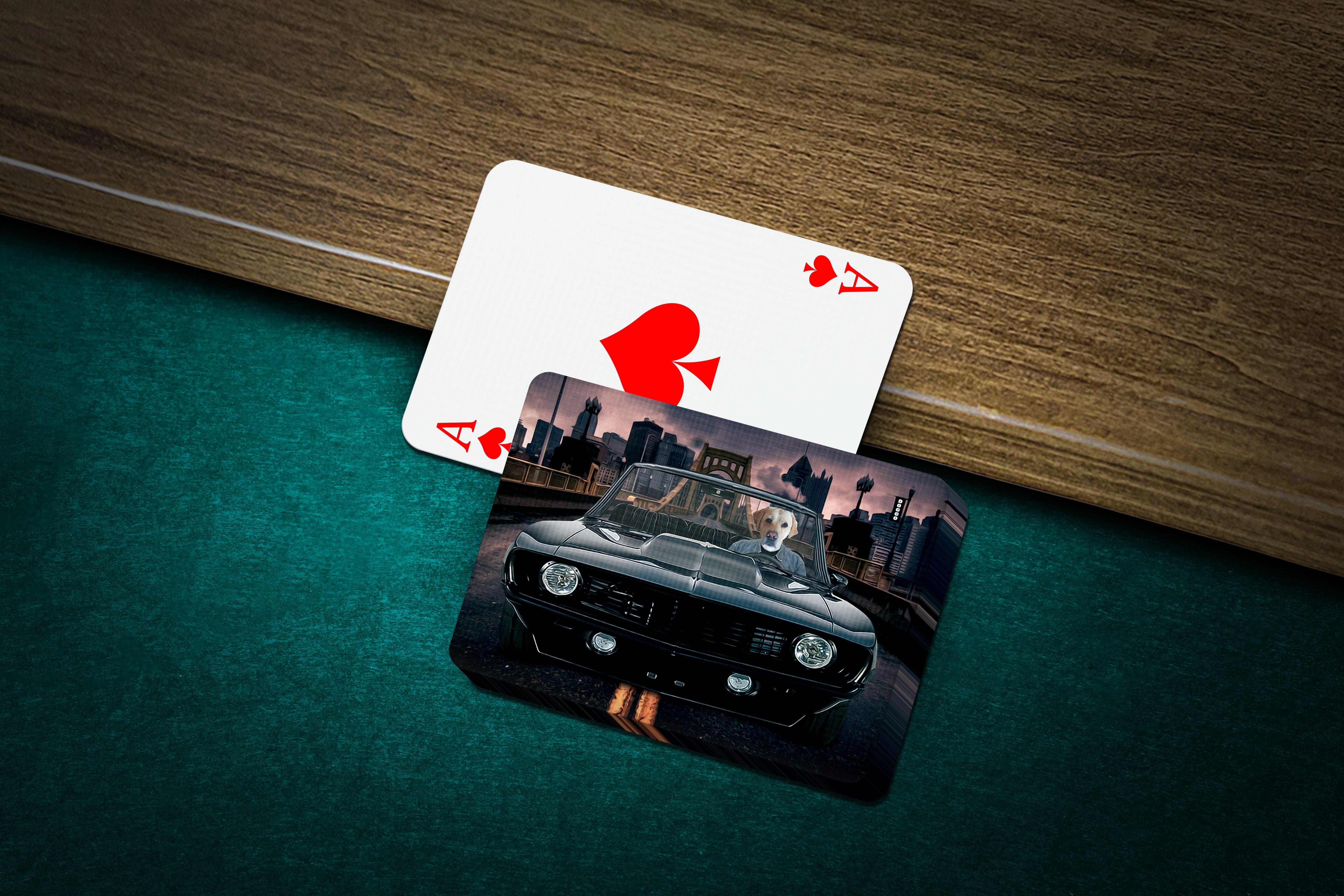 Personalized pet playing cards featuring a dog in a classic black car, with an Ace of Spades card.