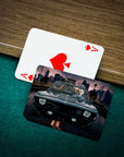 Personalized pet playing cards featuring a dog in a classic black car, with an Ace of Spades card.