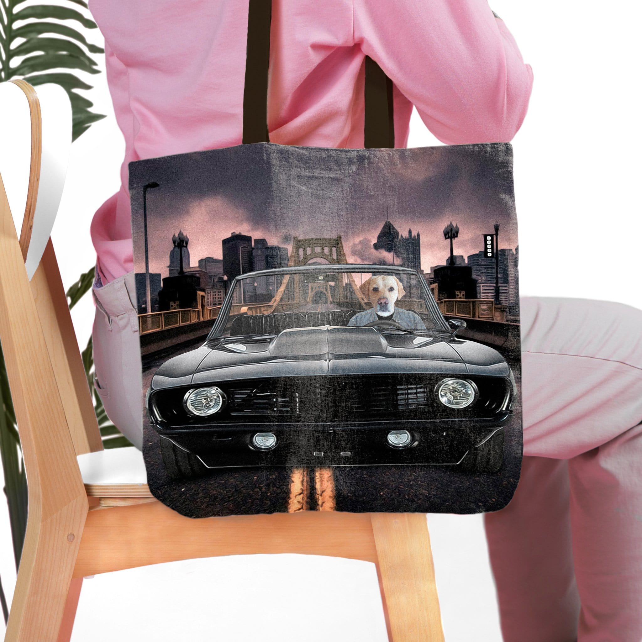 Personalized 'Classic Pawmaro' tote bag with a custom dog portrait driving a black vintage car.