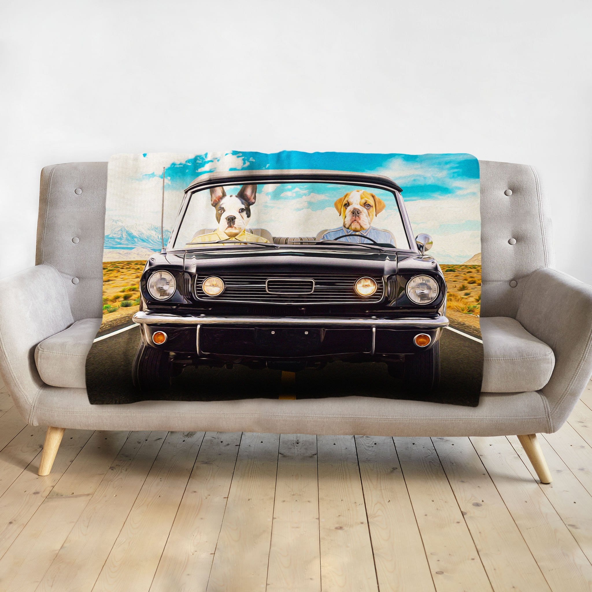 Personalized pet portrait blanket featuring two dogs in a classic black car on a desert road.