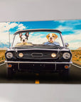 Personalized 'Woofstang' canvas art featuring a French Bulldog and Bulldog driving a classic black convertible.