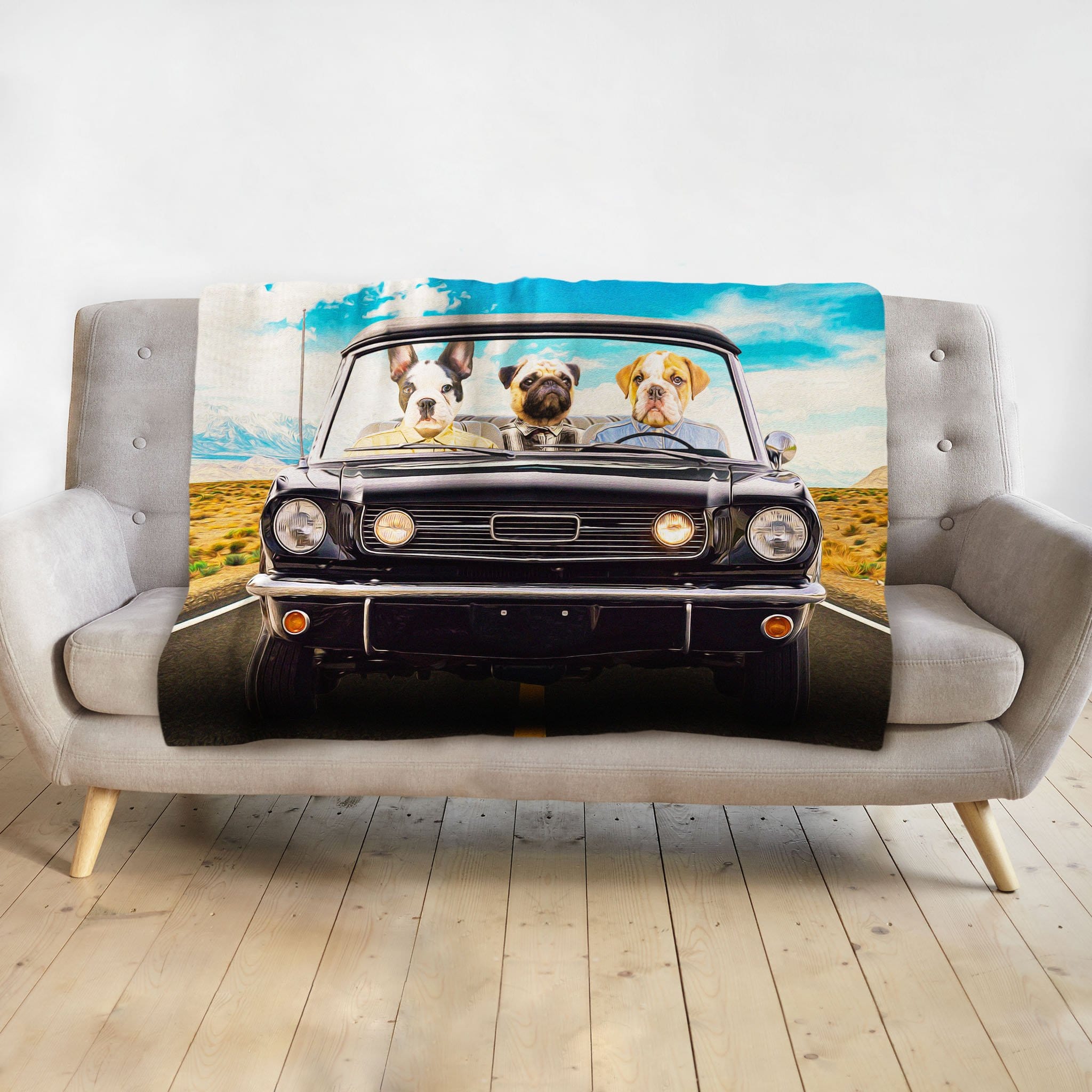Personalized 3-pet blanket with cartoon dogs driving a black classic car on a desert road.
