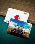 Personalized playing cards featuring three dogs in a classic car, with an Ace of Spades card.