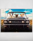 Personalized 'Classic Woofstang' poster featuring three pets in a black vintage convertible car.