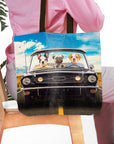 Personalized 3 pet tote bag with custom dog portraits in a classic car, "Woofstang" style.